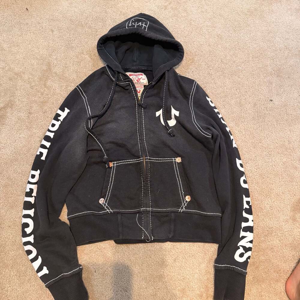 True Religion World Tour Zip-Up Hoodie w Stitching & Logo Sleeves Women’s Large
